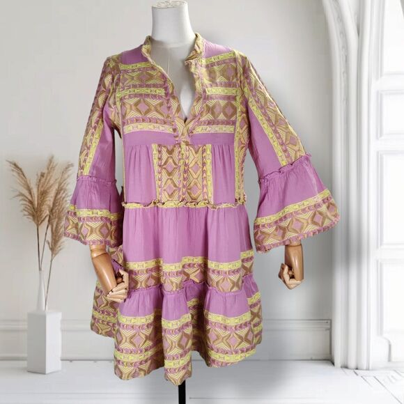 Lace the Label Tiered Embroidered Mini Dress Size M Pink Bell Sleeve Boho Geo - Picture 1 of 15